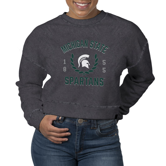 Women's Uscape Apparel  Black Michigan State Spartans Laurels Fleece Crop Pullover Sweatshirt