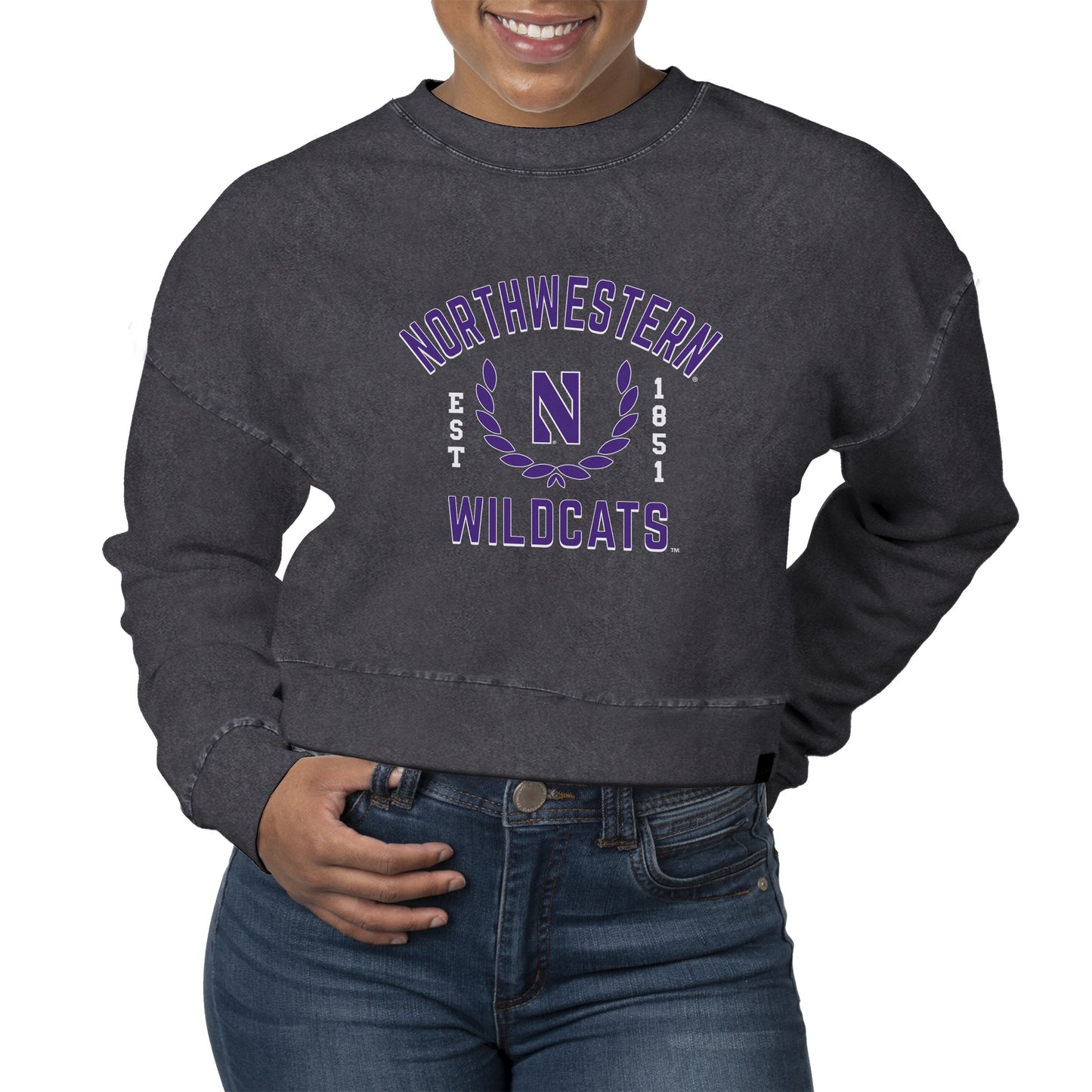 Women's Uscape Apparel  Black Northwestern Wildcats Laurels Fleece Crop Pullover Sweatshirt