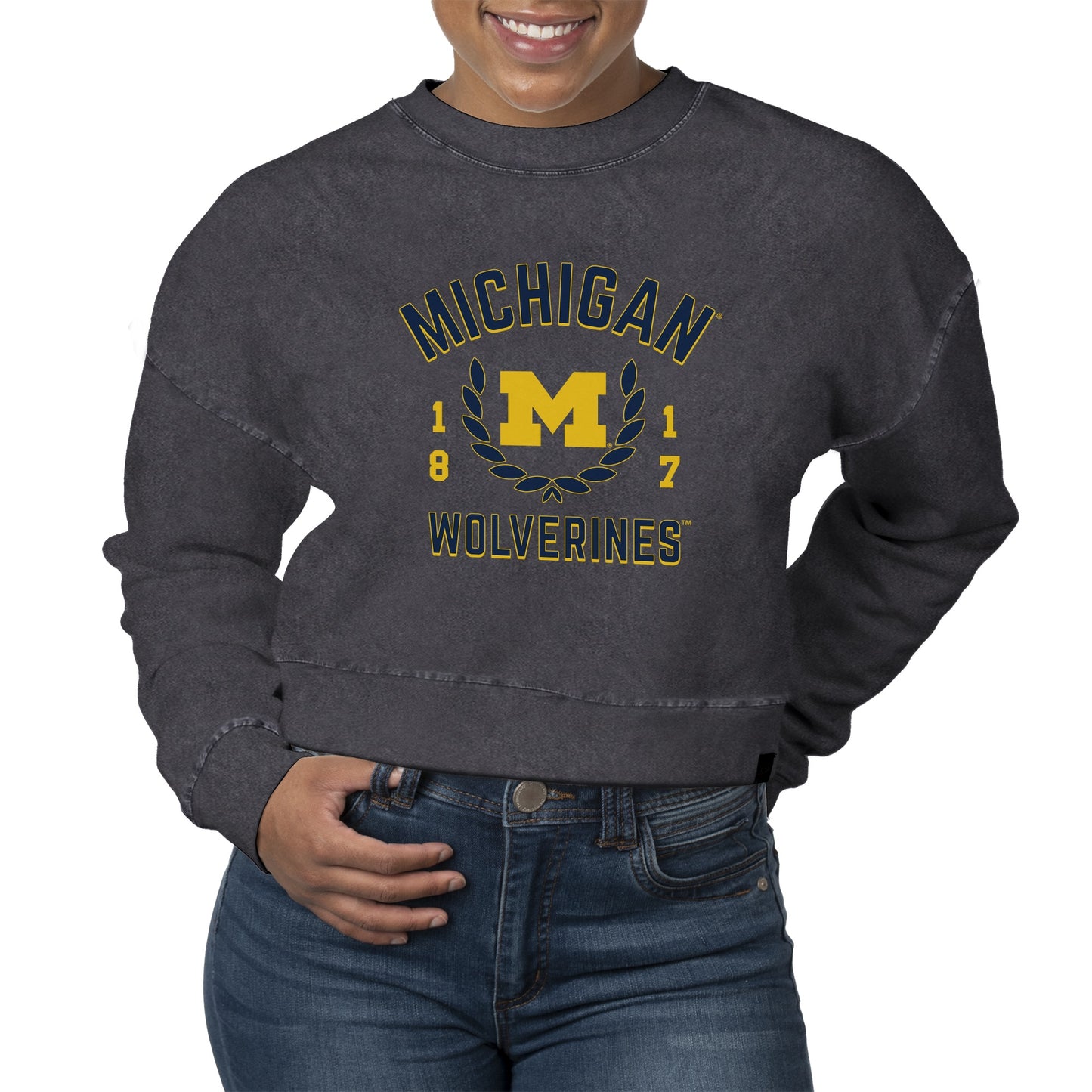 Women's Uscape Apparel  Black Michigan Wolverines Laurels Fleece Crop Pullover Sweatshirt