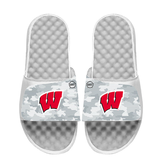 Youth ISlide White Wisconsin Badgers Camo Slide Sandals