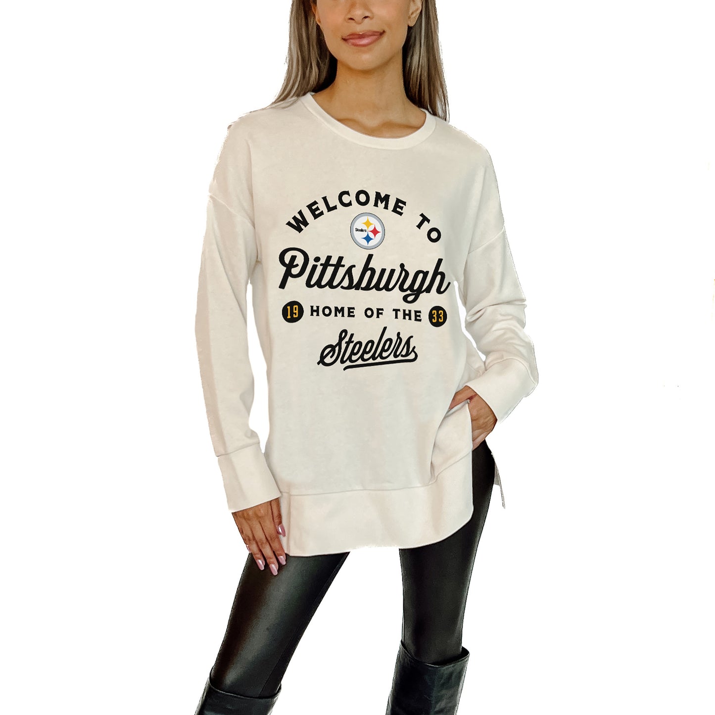 Women's Gameday Couture  White Pittsburgh Steelers  Offside French Terry Side-Slit Sweatshirt