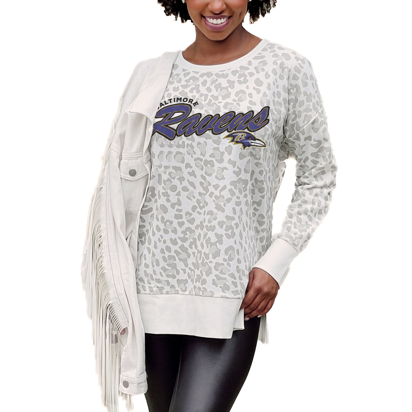 Women's Gameday Couture  White Baltimore Ravens  French Terry Feeling Wild Side-Slit Sweatshirt