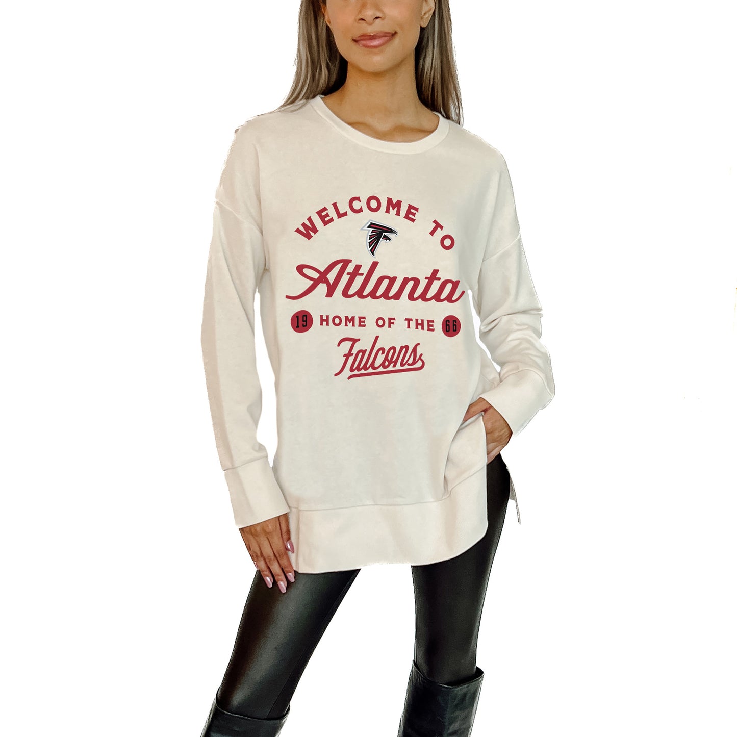 Women's Gameday Couture  White Atlanta Falcons  Offside French Terry Side-Slit Sweatshirt