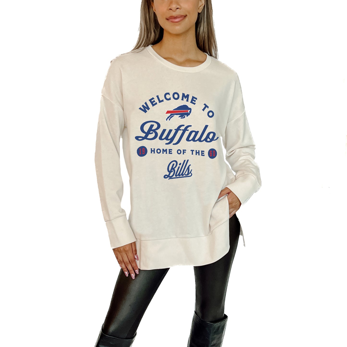 Women's Gameday Couture  White Buffalo Bills  Offside French Terry Side-Slit Sweatshirt