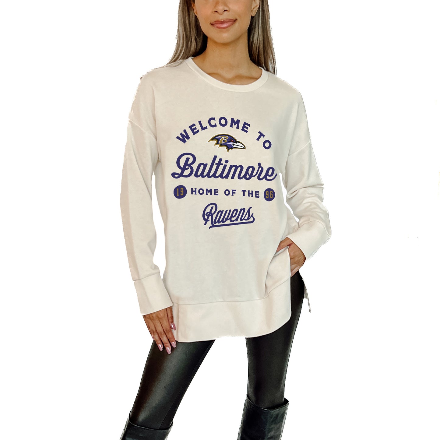 Women's Gameday Couture  White Baltimore Ravens  Offside French Terry Side-Slit Sweatshirt