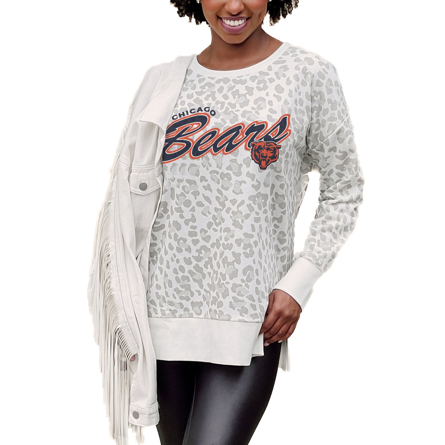 Women's Gameday Couture  White Chicago Bears  French Terry Feeling Wild Side-Slit Sweatshirt