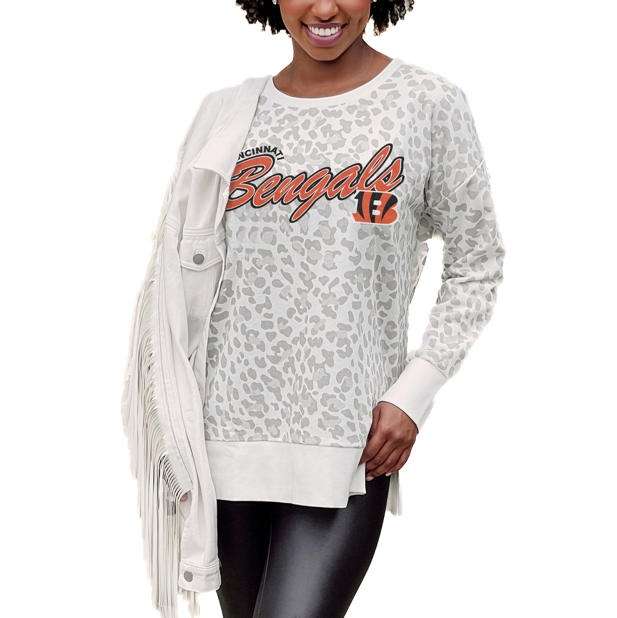Women's Gameday Couture  White Cincinnati Bengals  French Terry Feeling Wild Side-Slit Sweatshirt