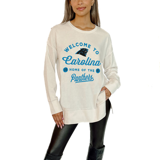 Women's Gameday Couture  White Carolina Panthers  Offside French Terry Side-Slit Sweatshirt