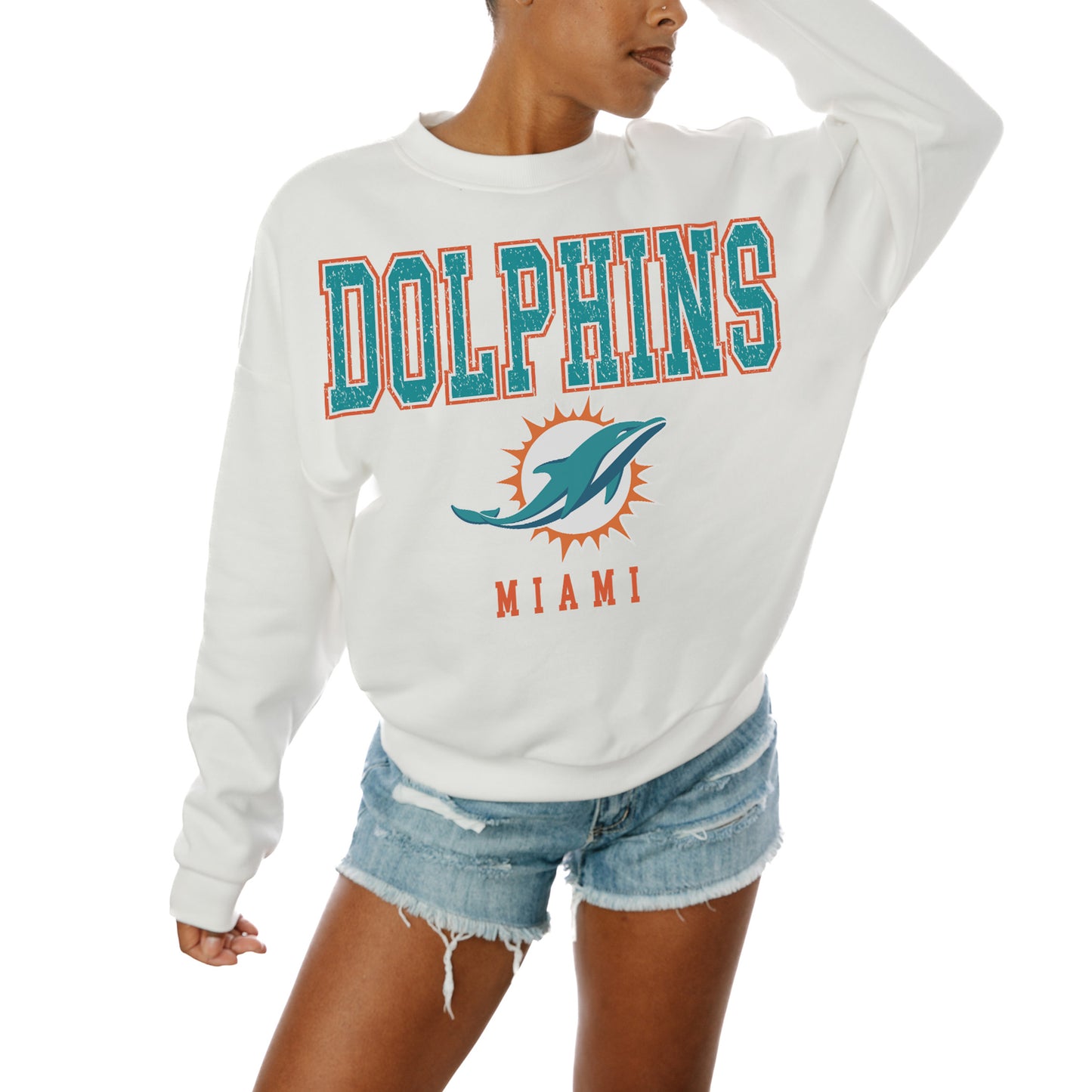 Women's Gameday Couture  White Miami Dolphins  Sunday Drives Oversized Crewneck Pullover Sweatshirt