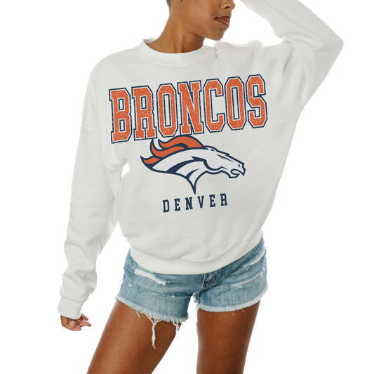 Women's Gameday Couture  White Denver Broncos  Sunday Drives Oversized Crewneck Pullover Sweatshirt