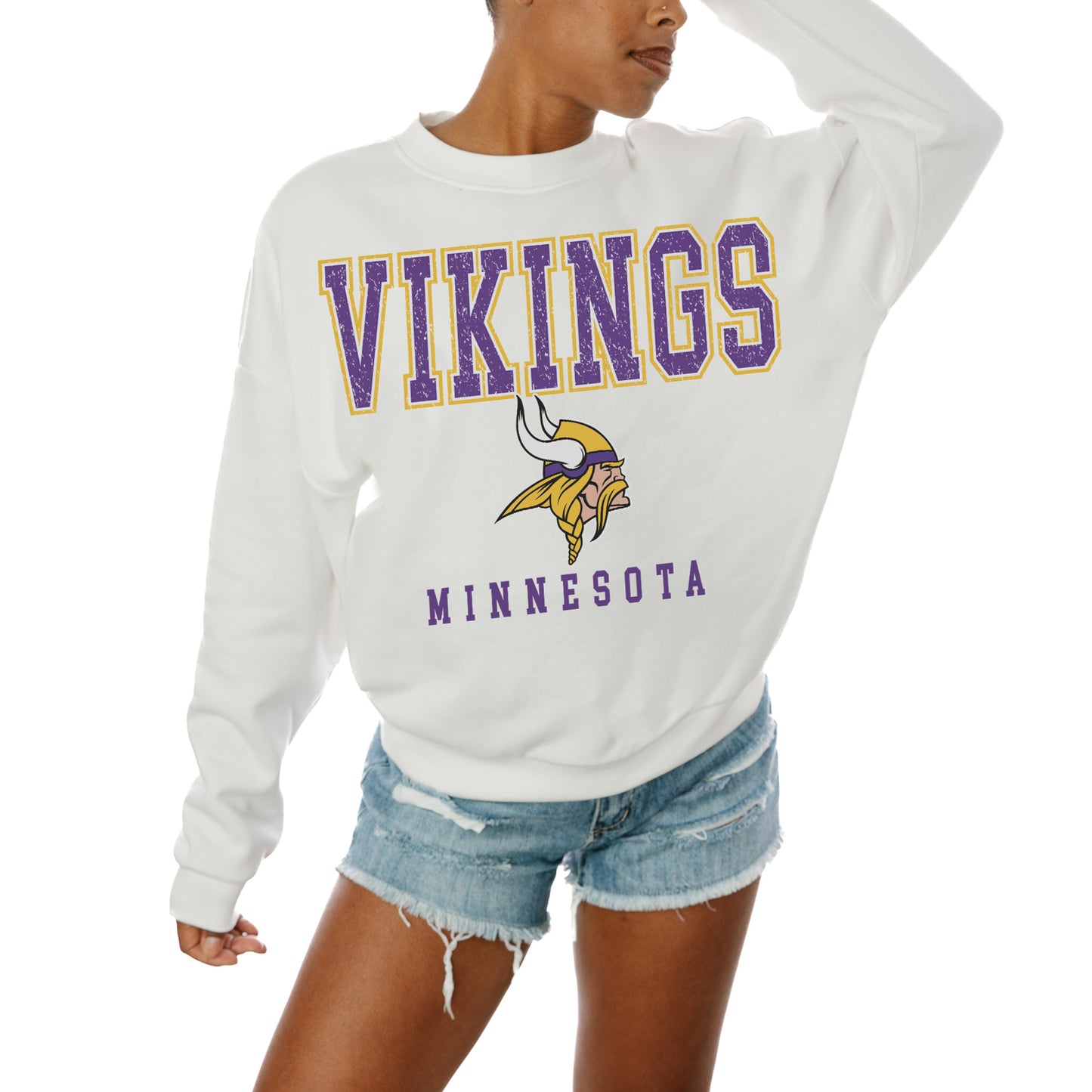 Women's Gameday Couture  White Minnesota Vikings  Sunday Drives Oversized Crewneck Pullover Sweatshirt