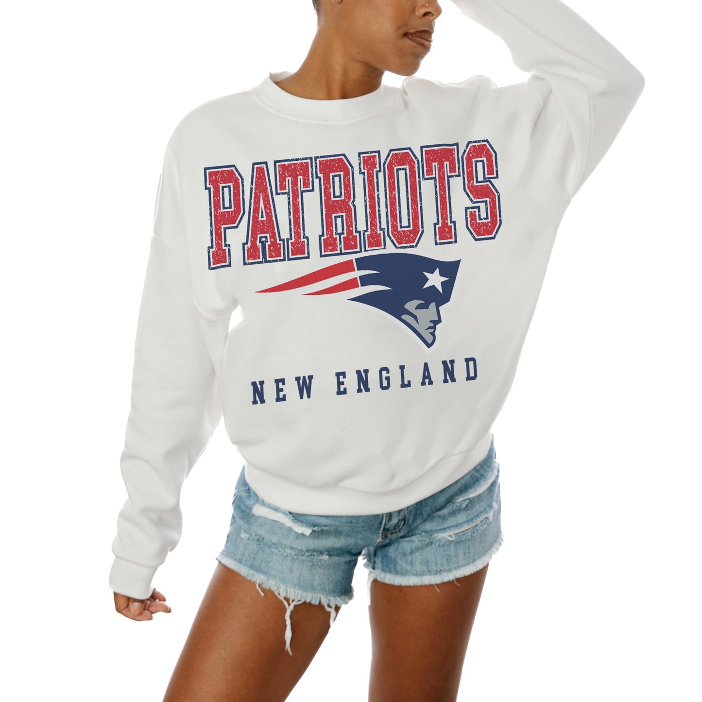 Women's Gameday Couture  White New England Patriots  Sunday Drives Oversized Crewneck Pullover Sweatshirt