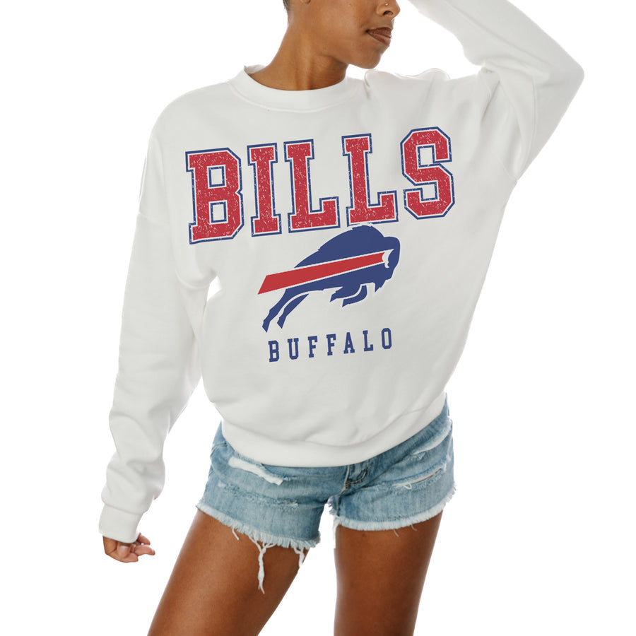 Women's Gameday Couture  White Buffalo Bills  Sunday Drives Oversized Crewneck Pullover Sweatshirt
