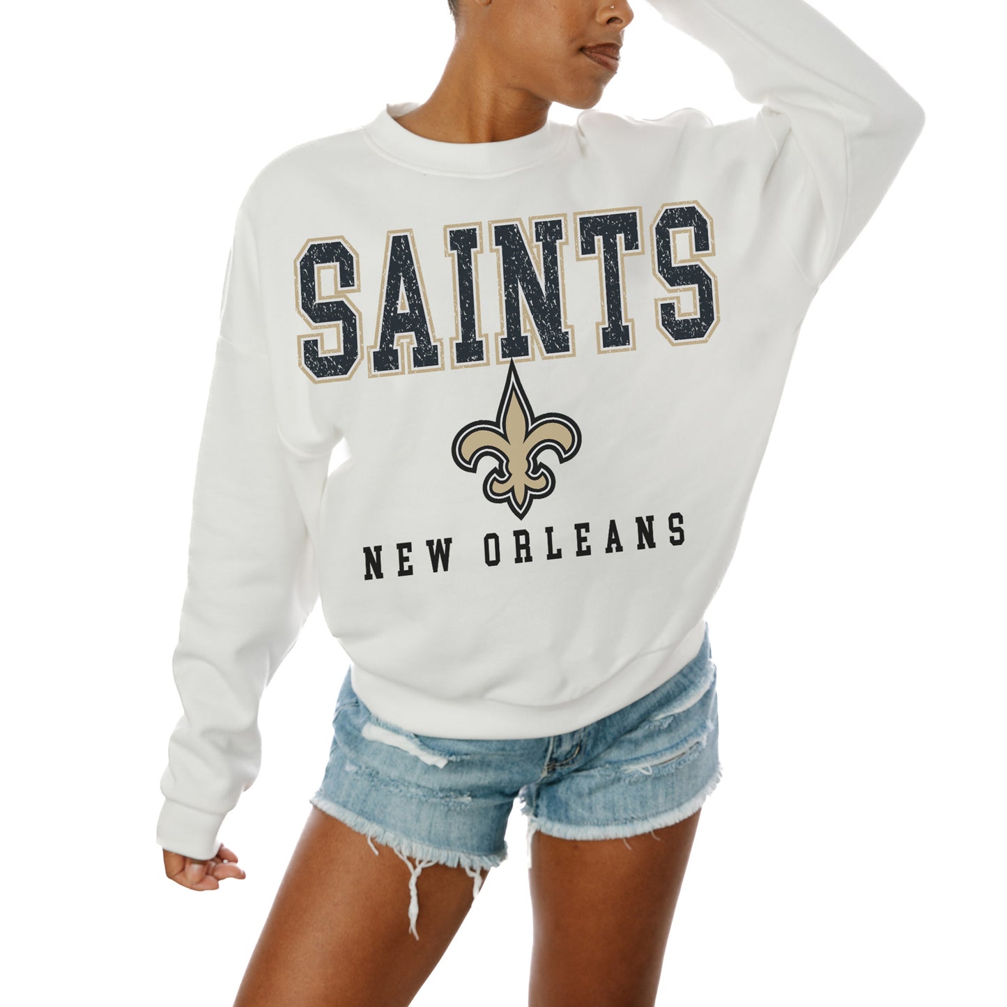 Women's Gameday Couture  White New Orleans Saints  Sunday Drives Oversized Crewneck Pullover Sweatshirt