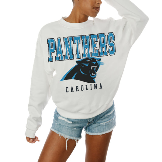 Women's Gameday Couture  White Carolina Panthers  Sunday Drives Oversized Crewneck Pullover Sweatshirt