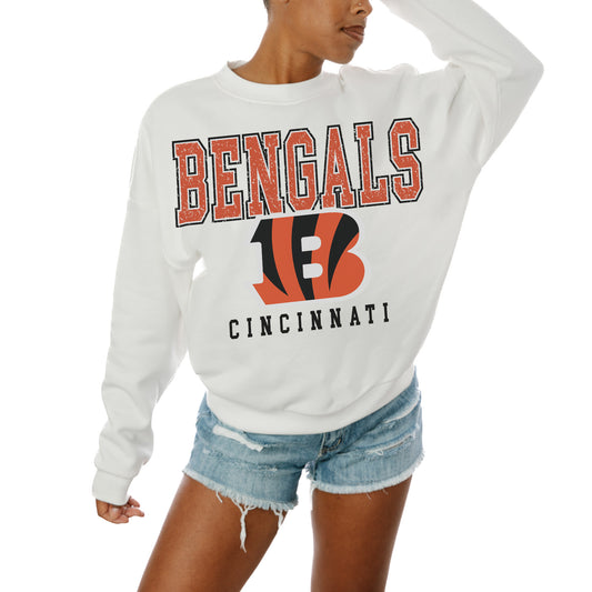 Women's Gameday Couture  White Cincinnati Bengals  Sunday Drives Oversized Crewneck Pullover Sweatshirt