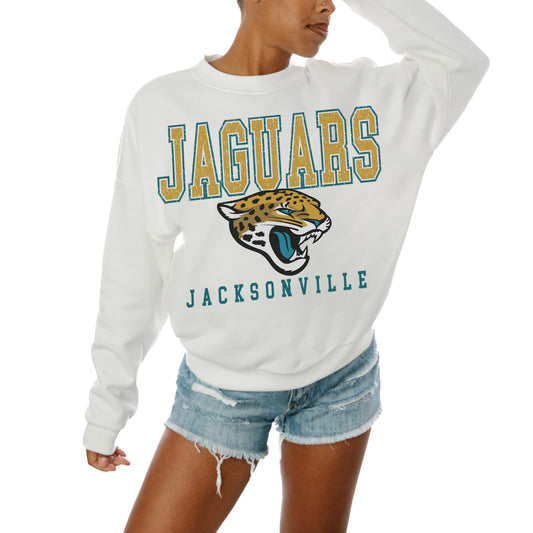 Women's Gameday Couture  White Jacksonville Jaguars  Sunday Drives Oversized Crewneck Pullover Sweatshirt