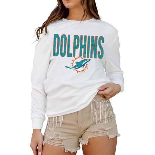 Women's Gameday Couture  White Miami Dolphins  Always Ready Drop Shoulder Long Sleeve T-Shirt