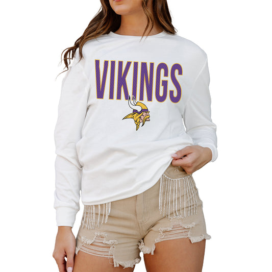 Women's Gameday Couture  White Minnesota Vikings  Always Ready Drop Shoulder Long Sleeve T-Shirt