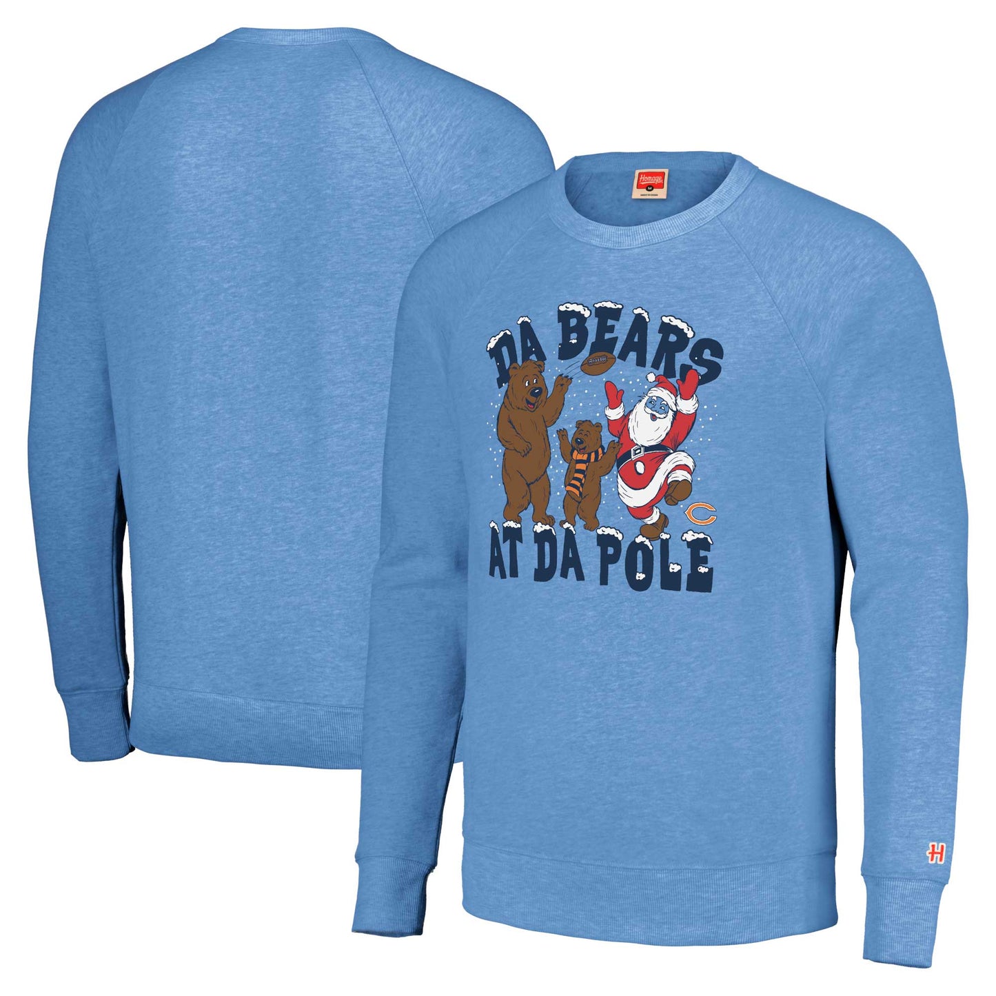 Unisex Homage Light Blue Chicago Bears Holiday Raglan Tri-Blend Pullover Sweatshirt