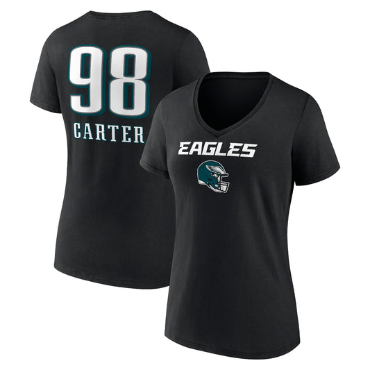 Women's Jalen Carter Black Philadelphia Eagles Wordmark Player Name & Number V-Neck T-Shirt