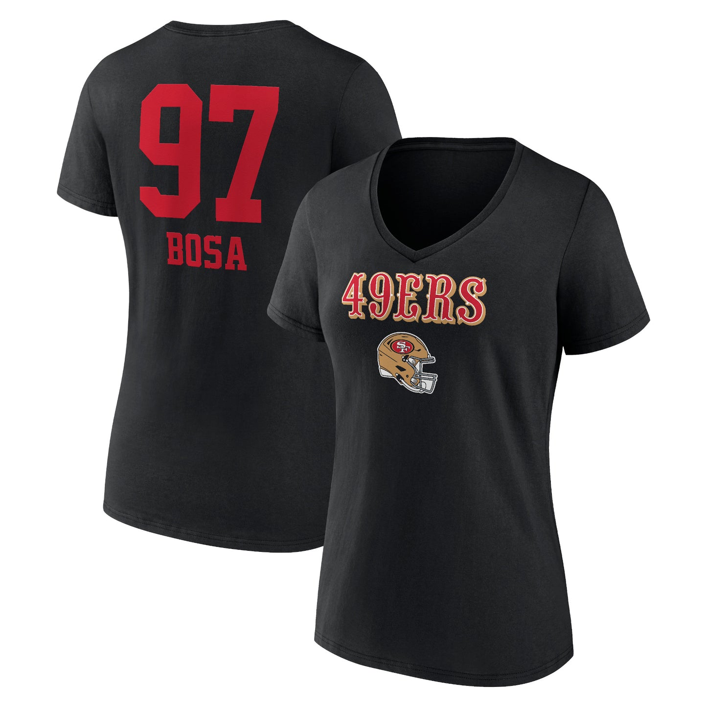 Women's Nick Bosa Black San Francisco 49ers Wordmark Player Name & Number V-Neck T-Shirt