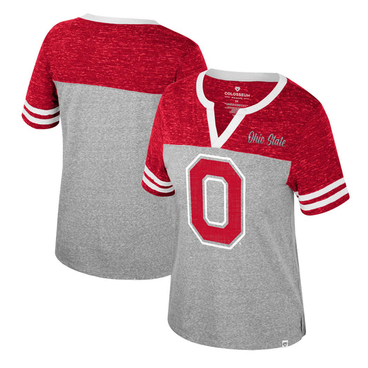 Women's Colosseum Heather Gray Ohio State Buckeyes Kate Colorblock Notch Neck T-Shirt