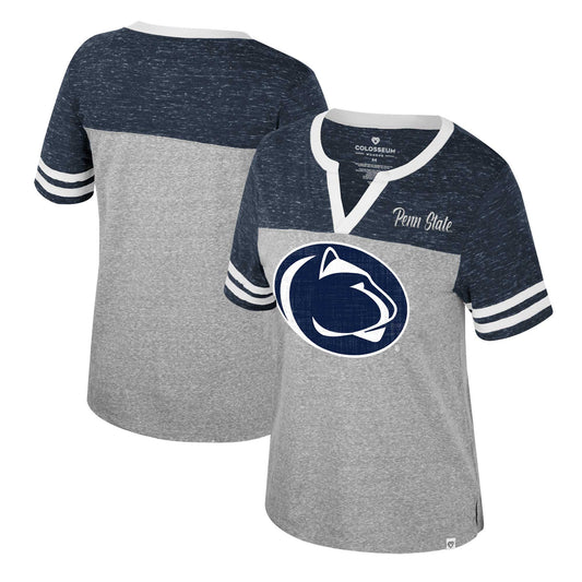 Women's Colosseum Heather Gray Penn State Nittany Lions Kate Colorblock Notch Neck T-Shirt