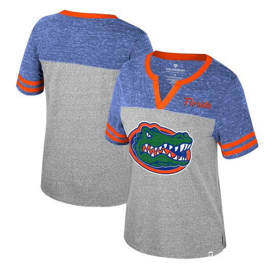 Women's Colosseum Heather Gray Florida Gators Kate Colorblock Notch Neck T-Shirt