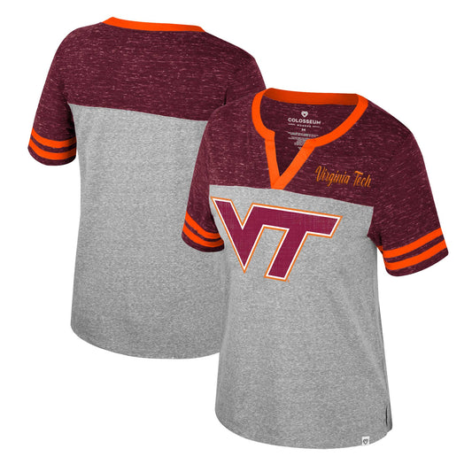 Women's Colosseum Heather Gray Virginia Tech Hokies Kate Colorblock Notch Neck T-Shirt