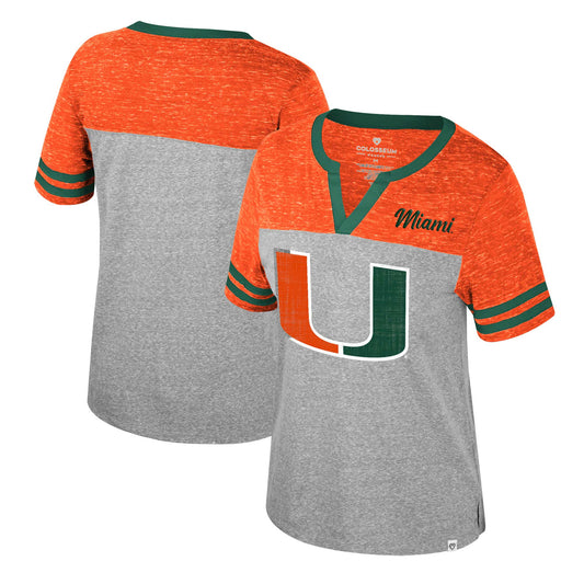 Women's Colosseum Heather Gray Miami Hurricanes Kate Colorblock Notch Neck T-Shirt