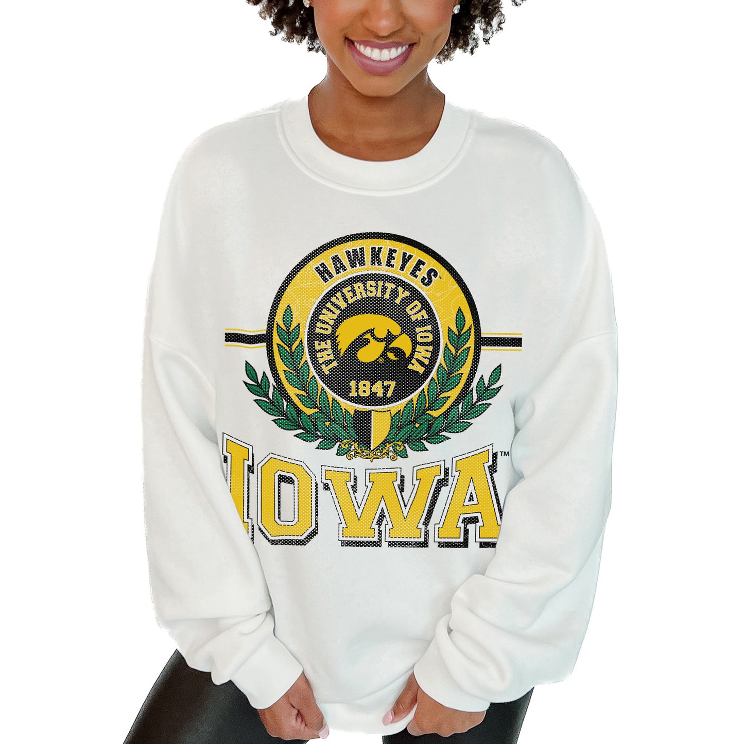 Women's Gameday Couture  White Iowa Hawkeyes Hot Shot Fleece Pullover Sweatshirt