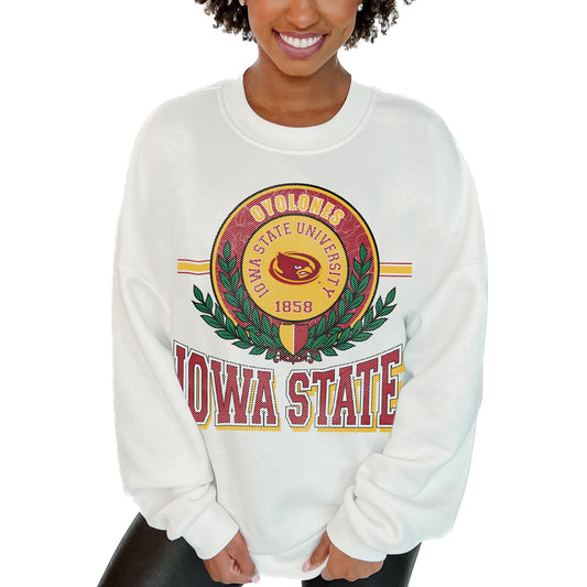 Women's Gameday Couture  White Iowa State Cyclones Hot Shot Fleece Pullover Sweatshirt