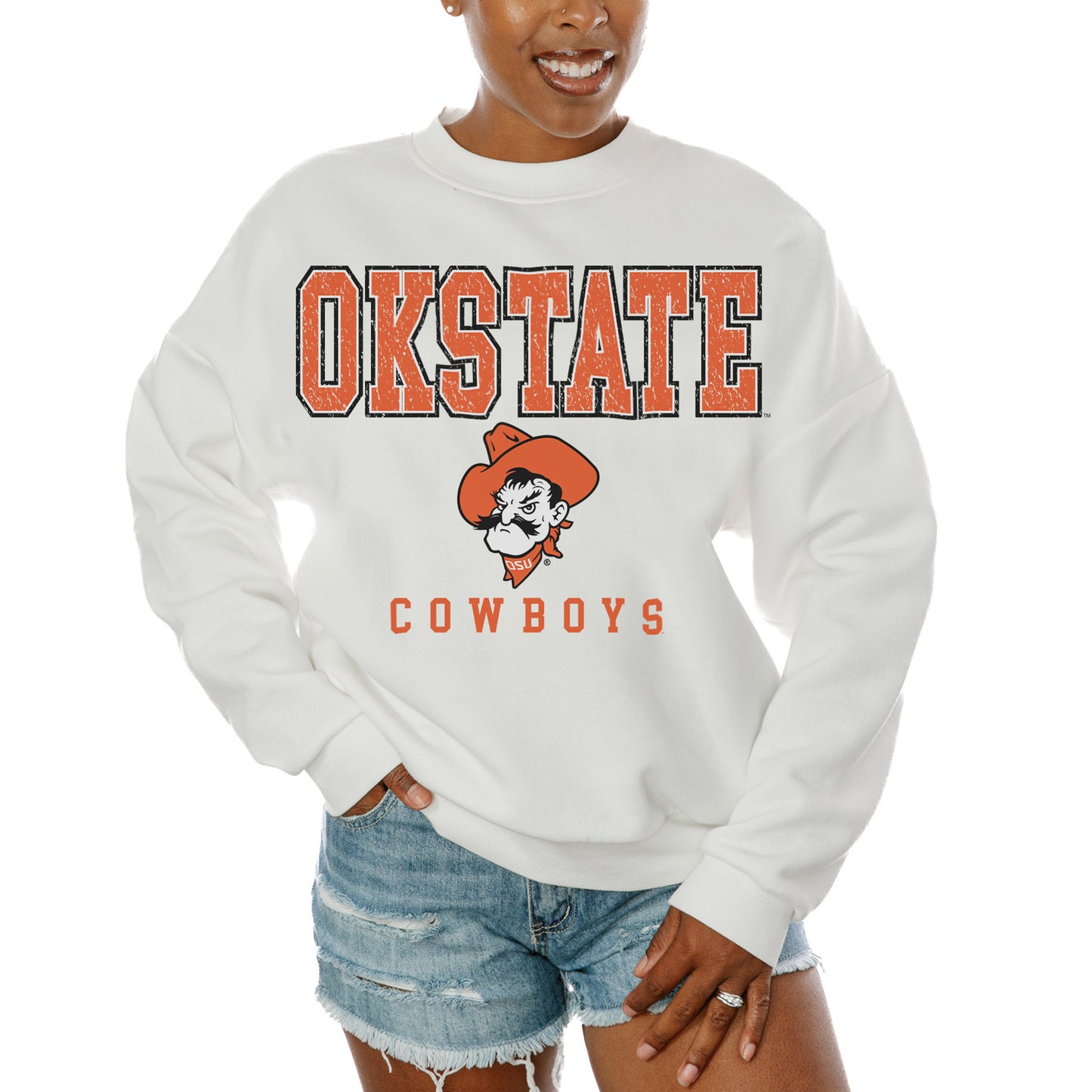 Women's Gameday Couture  White Oklahoma State Cowboys Freestyle Fleece Pullover Sweatshirt