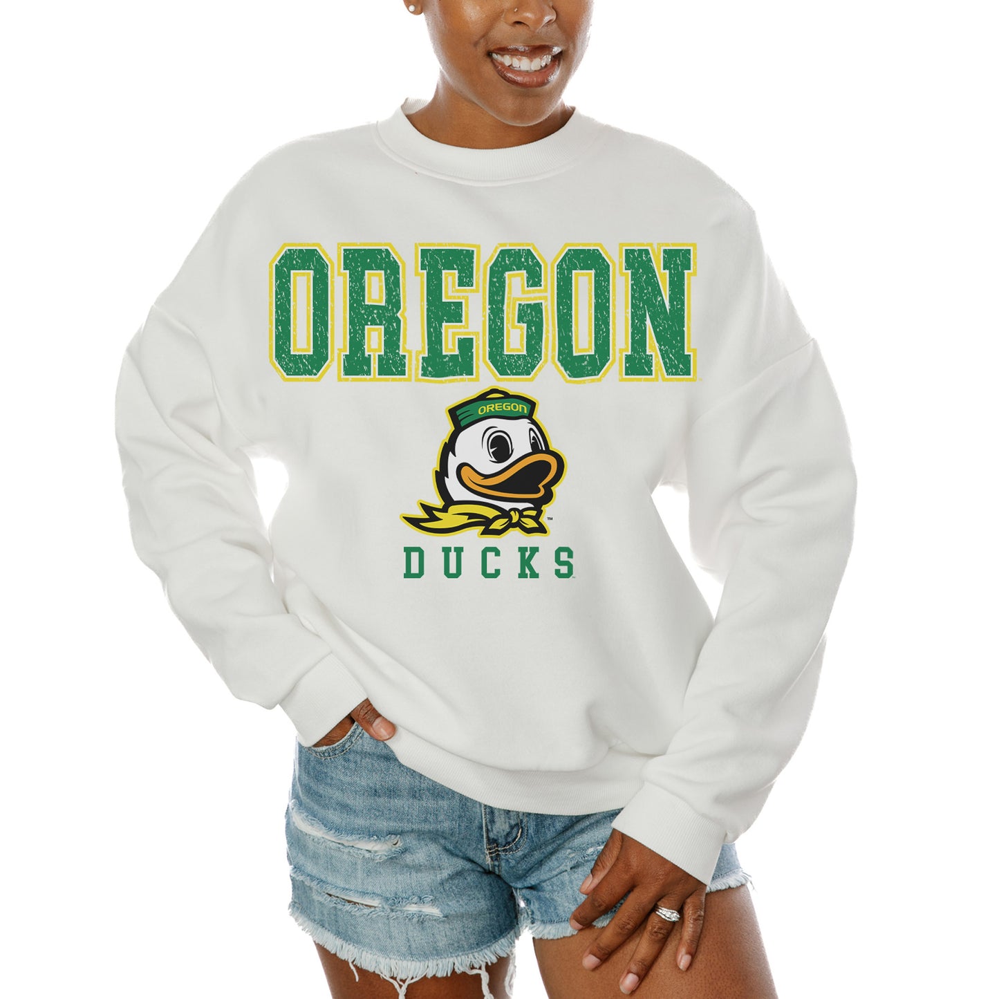 Women's Gameday Couture  White Oregon Ducks Freestyle Fleece Pullover Sweatshirt