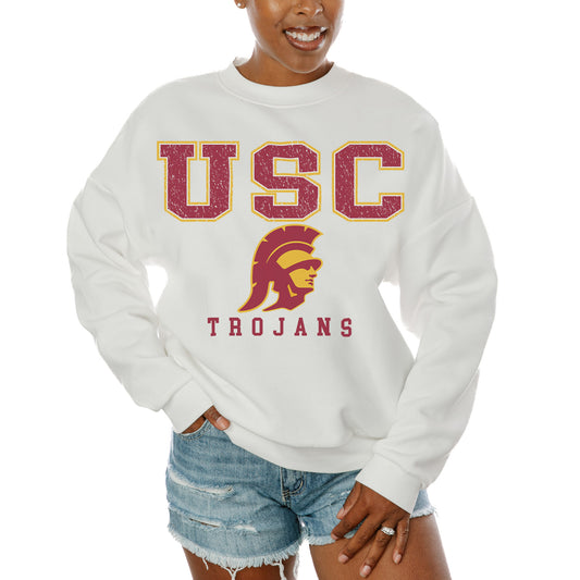 Women's Gameday Couture  White USC Trojans Freestyle Fleece Pullover Sweatshirt