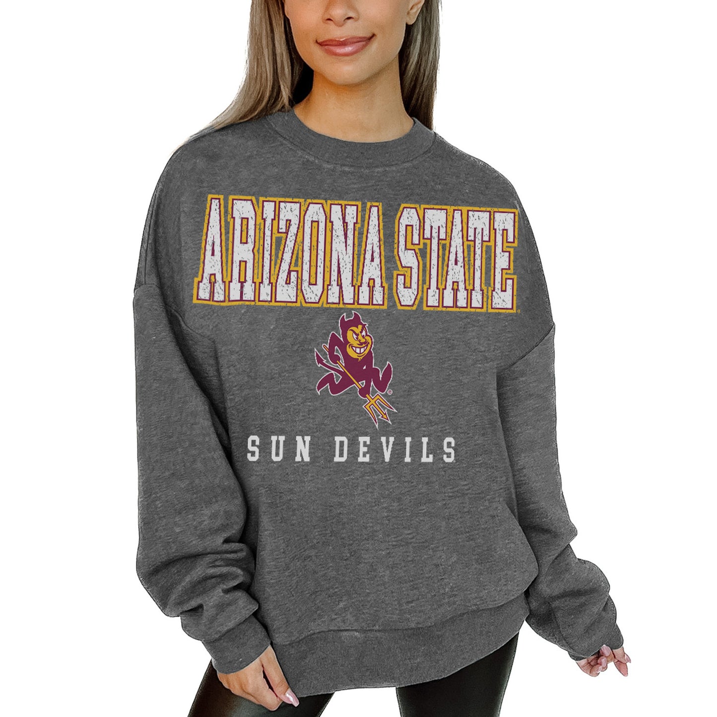 Women's Gameday Couture  Heather Charcoal Arizona State Sun Devils Distressed Fleece Pullover Sweatshirt