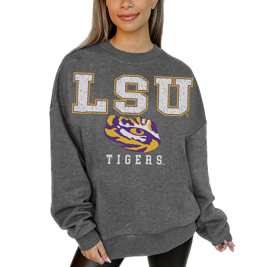 Women's Gameday Couture  Heather Charcoal LSU Tigers Distressed Fleece Pullover Sweatshirt