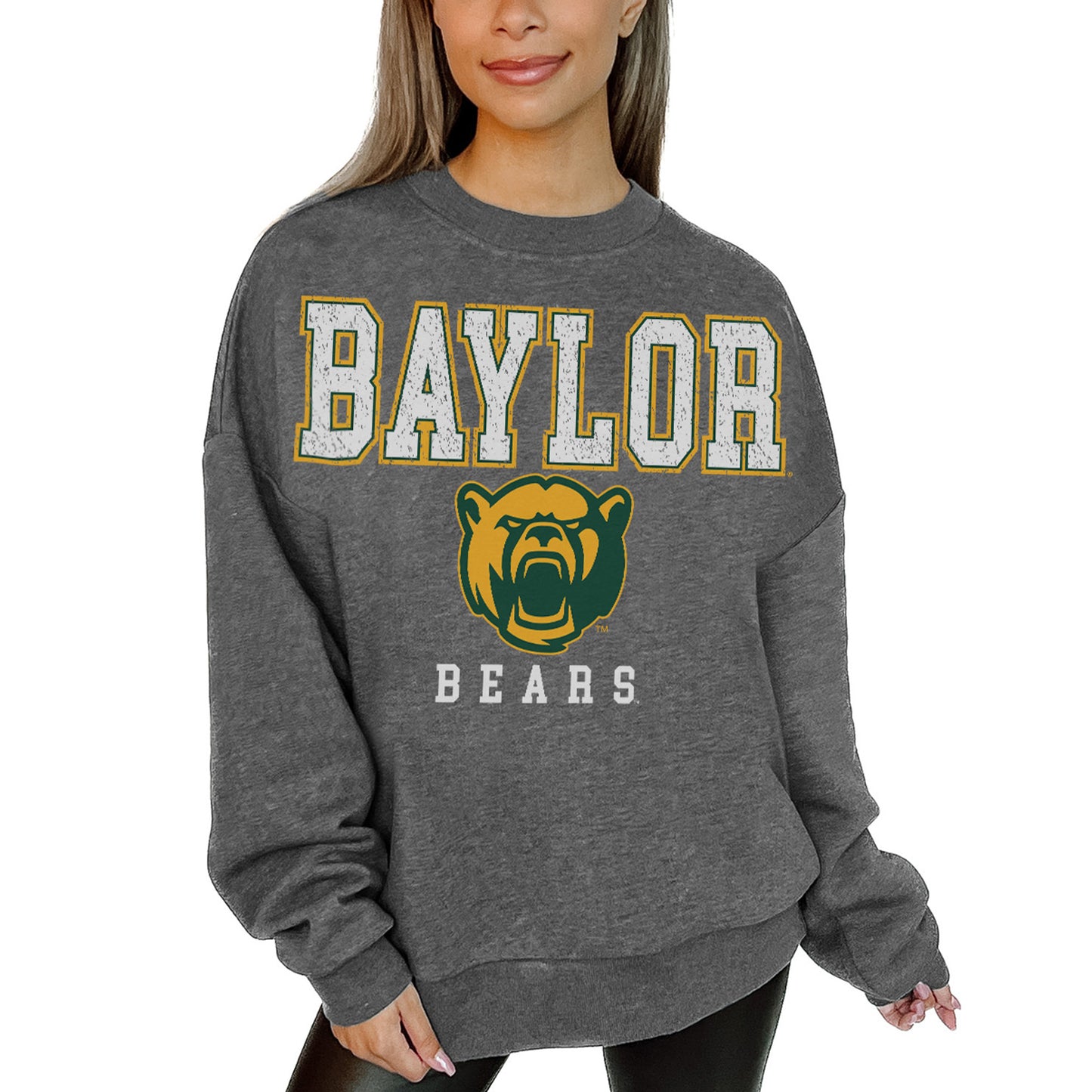 Women's Gameday Couture  Heather Charcoal Baylor Bears Distressed Fleece Pullover Sweatshirt