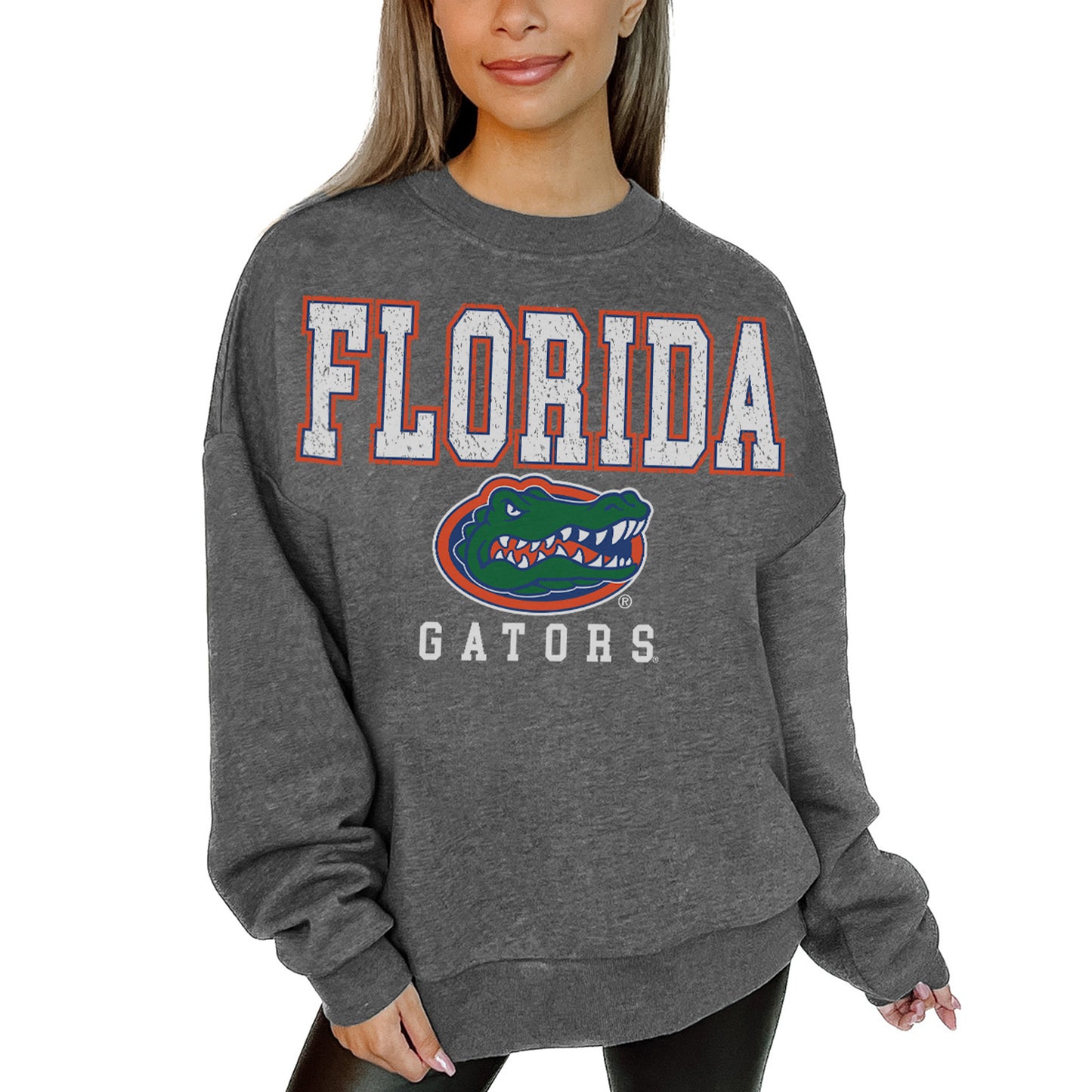Women's Gameday Couture  Heather Charcoal Florida Gators Distressed Fleece Pullover Sweatshirt