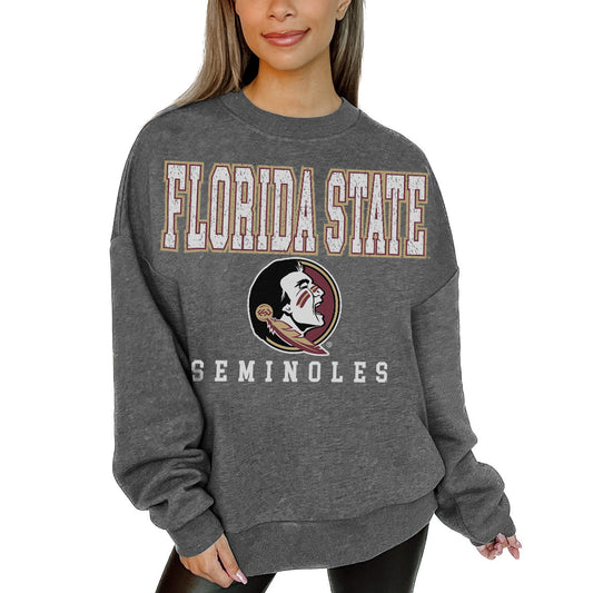 Women's Gameday Couture  Heather Charcoal Florida State Seminoles Distressed Fleece Pullover Sweatshirt