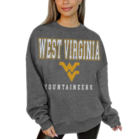 Women's Gameday Couture  Heather Charcoal West Virginia Mountaineers Distressed Fleece Pullover Sweatshirt