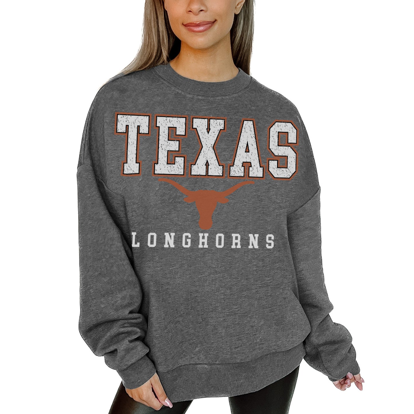 Women's Gameday Couture  Heather Charcoal Texas Longhorns Distressed Fleece Pullover Sweatshirt