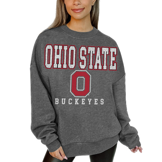 Women's Gameday Couture  Heather Charcoal Ohio State Buckeyes Distressed Fleece Pullover Sweatshirt