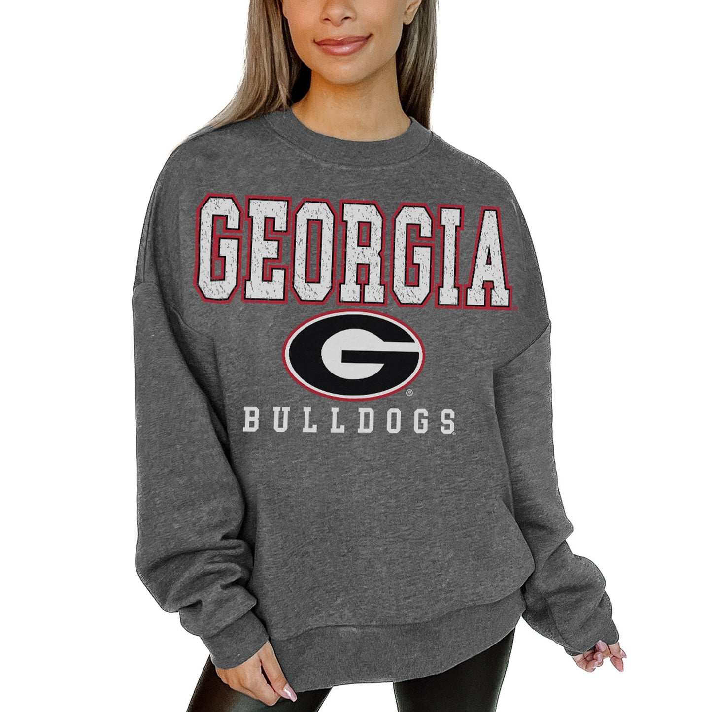Women's Gameday Couture  Heather Charcoal Georgia Bulldogs Distressed Fleece Pullover Sweatshirt