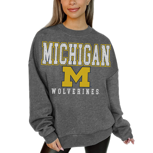 Women's Gameday Couture  Heather Charcoal Michigan Wolverines Distressed Fleece Pullover Sweatshirt