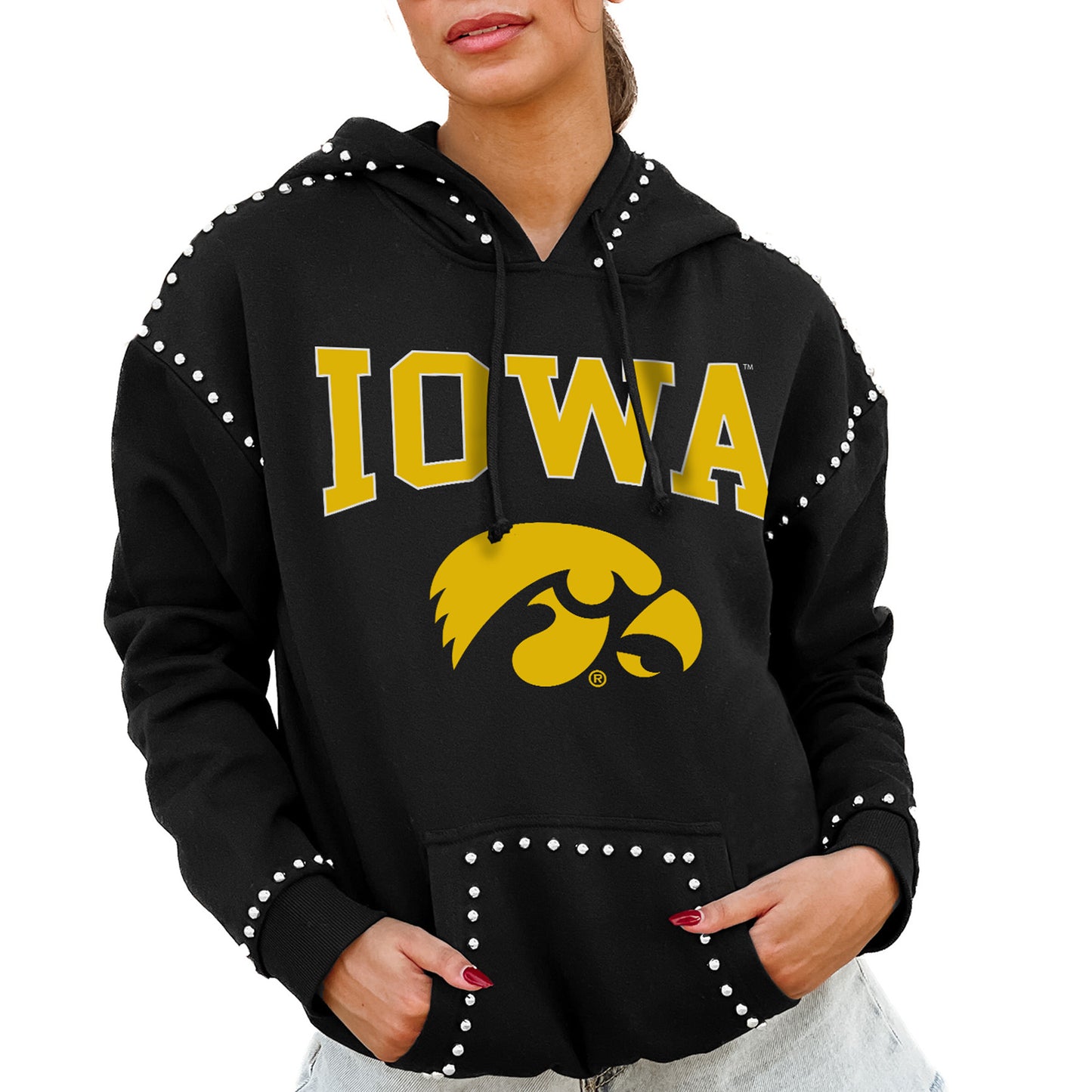 Women's Gameday Couture  Black Iowa Hawkeyes Studded Pullover Hoodie