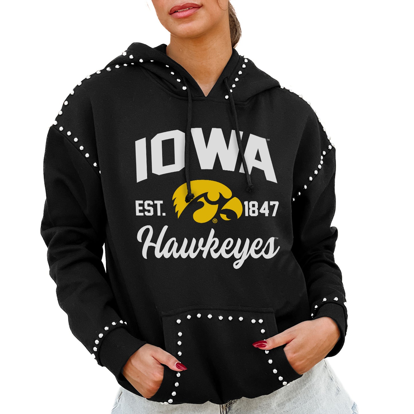 Women's Gameday Couture  Black Iowa Hawkeyes Studded Pullover Hoodie