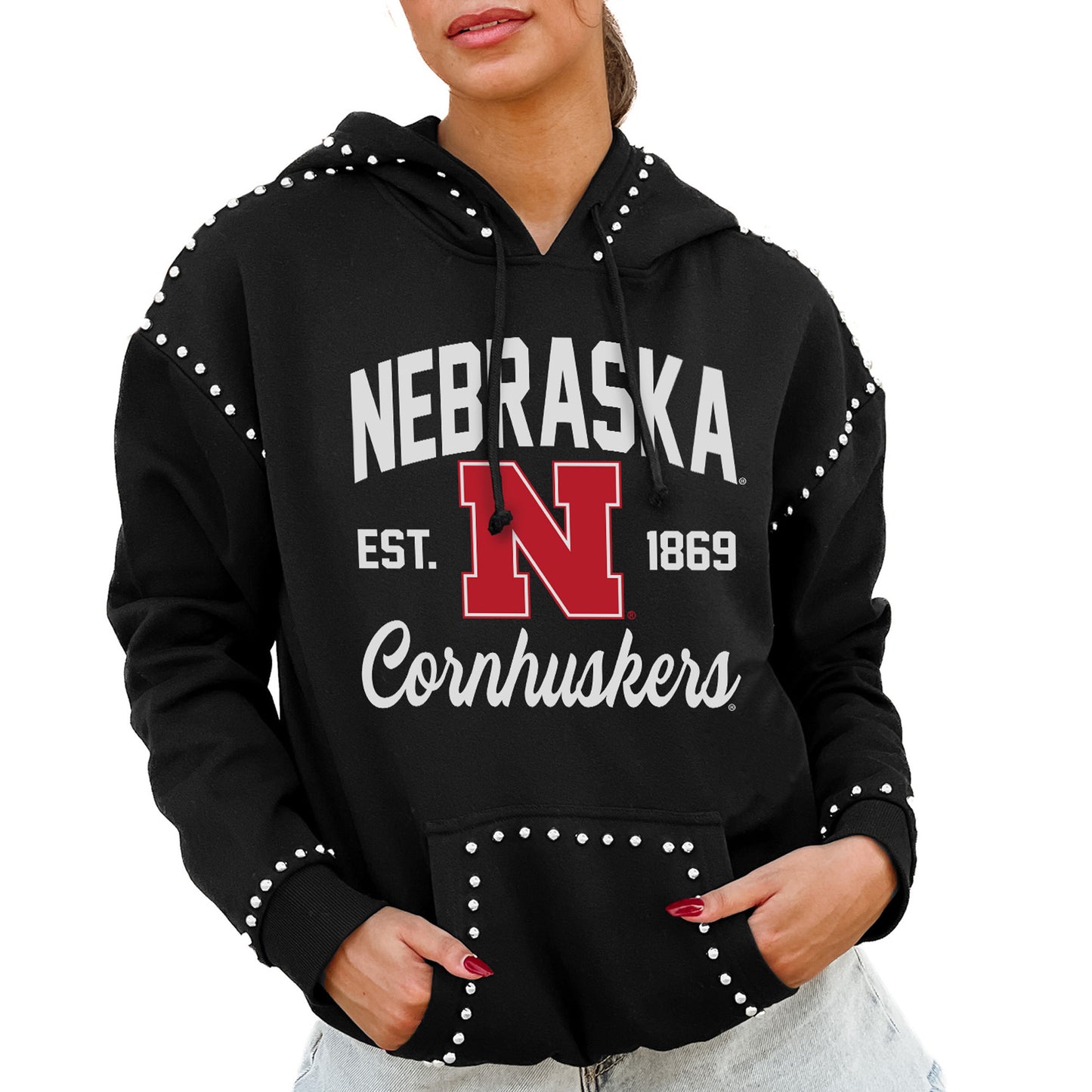 Women's Gameday Couture  Black Nebraska Huskers Studded Pullover Hoodie