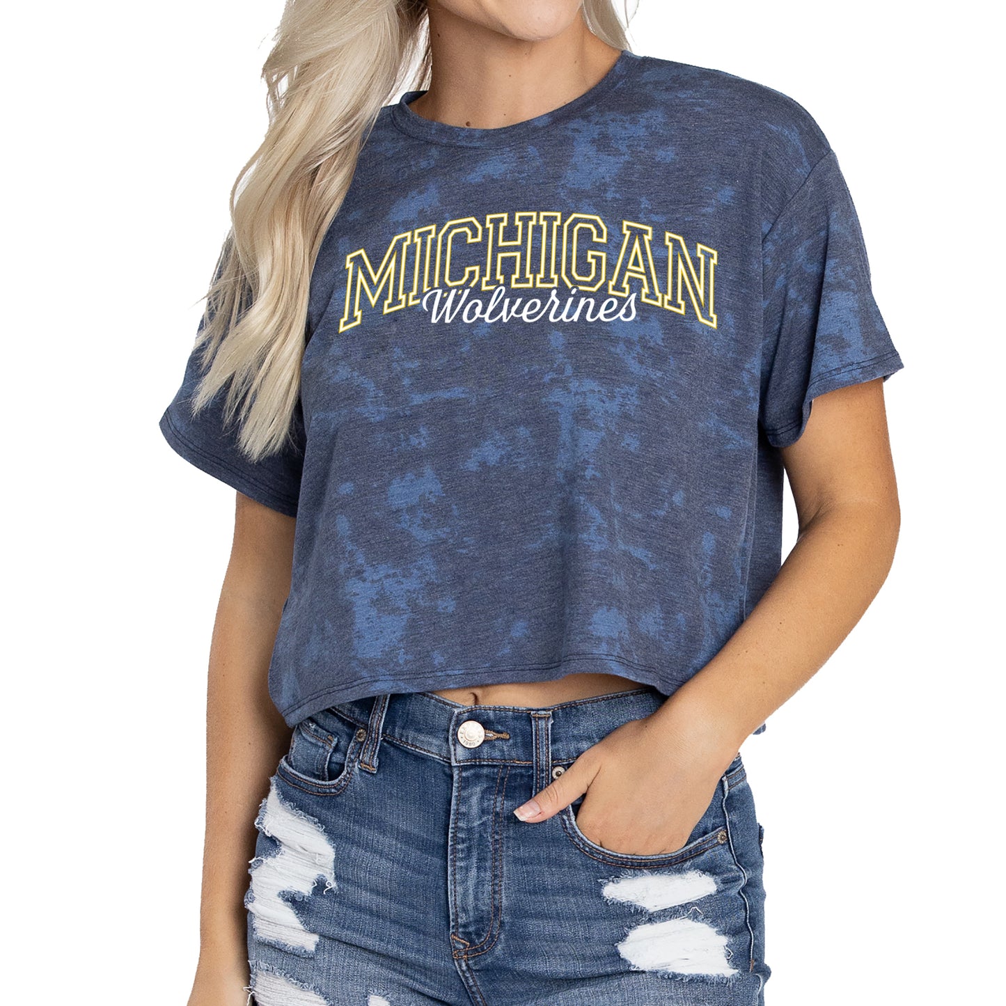 Women's  Navy Michigan Wolverines Kimberly Cropped Tie-Dye T-Shirt